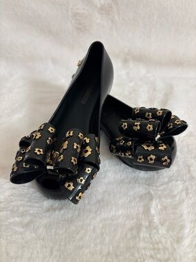 Mini Melissa Black Bow Ballet Flats with Gold Stud Accents  for toddler